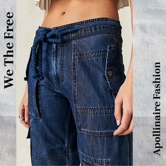 WE THE FREE SOUTH BAY UTILITY CARGO ANTS IN BLUE DENIM MEDIUM NEW - Picture 3 of 5